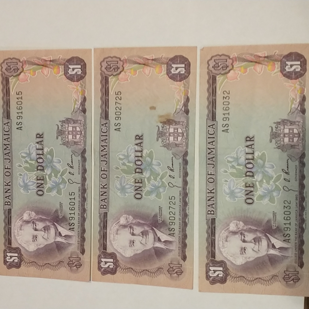 Set of 3 $1 Jamaican bank notes